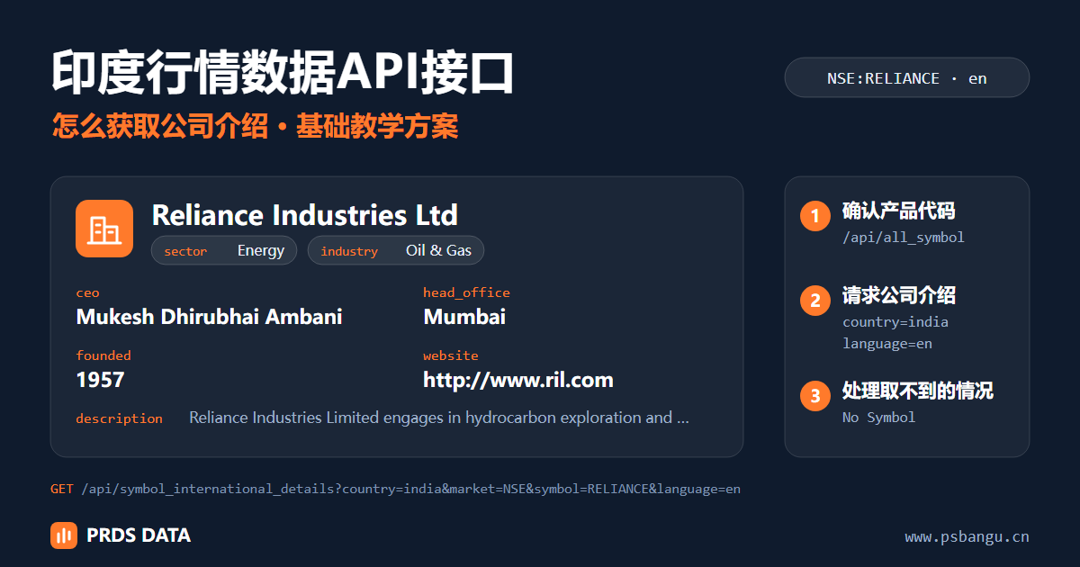 怎么用印度行情数据API接口获取公司介绍:以 NSE 的 RELIANCE 为例,一次请求取到名称、简介、板块、行业、CEO、官网